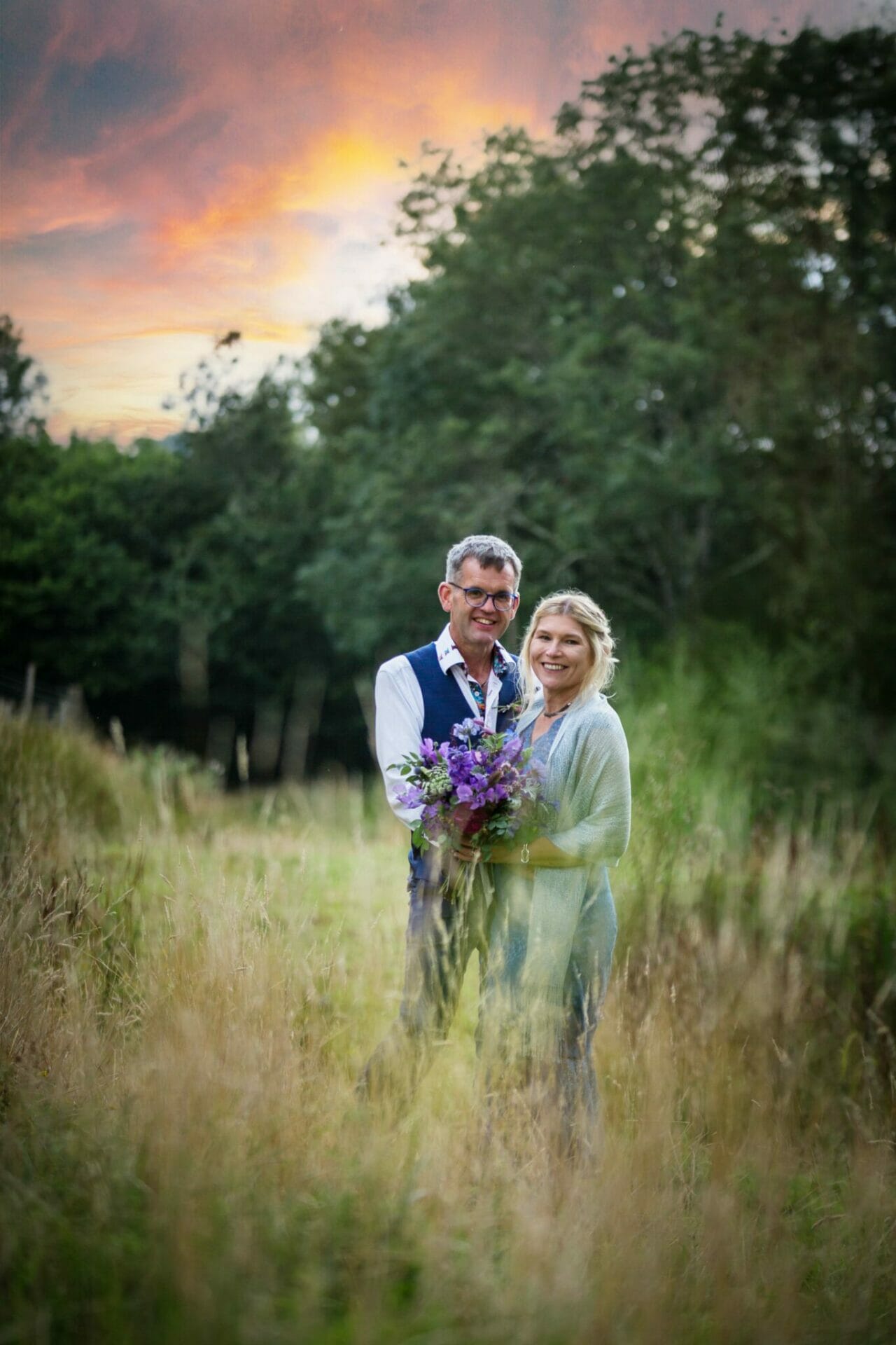 Image of a wedding couple at Sunset taken at Hope Farm in Bridport by Somerset Wedding Photographer, Victoria Welton